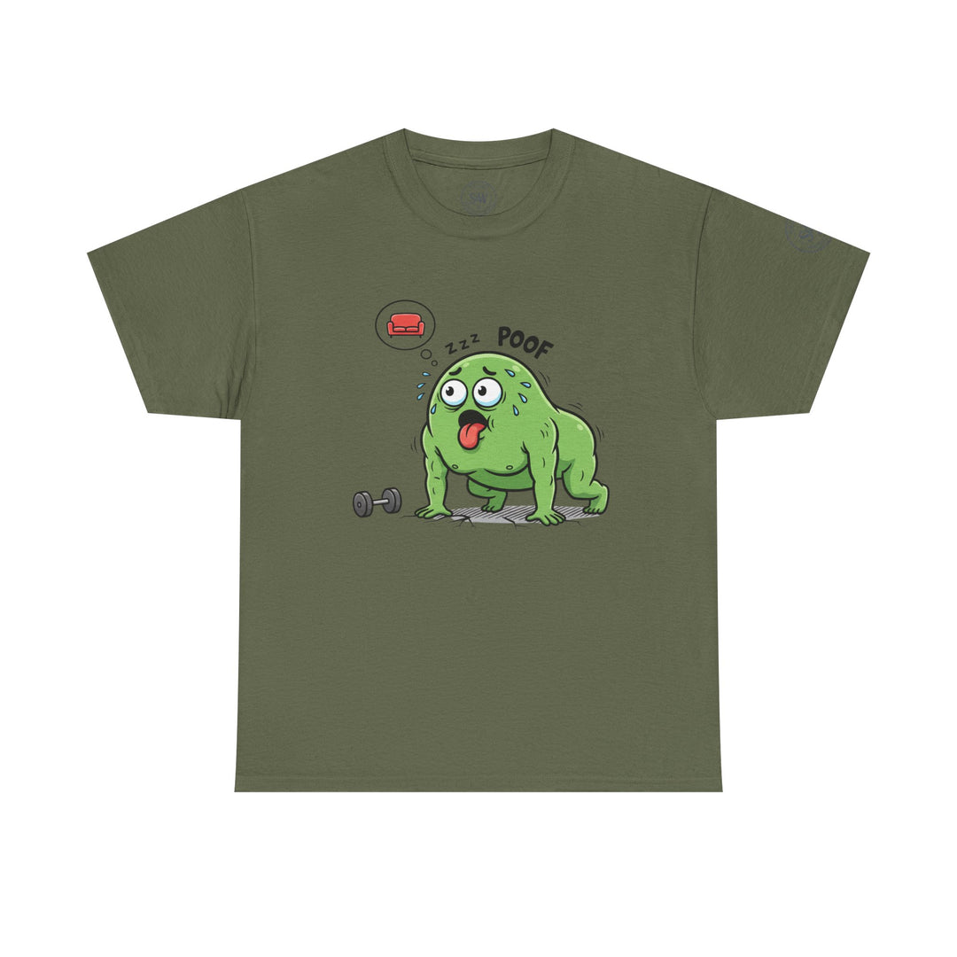 Olive green t-shirt by S&amp;W Gallus featuring a humorous illustration of a tired, sweaty blob and gym weights.