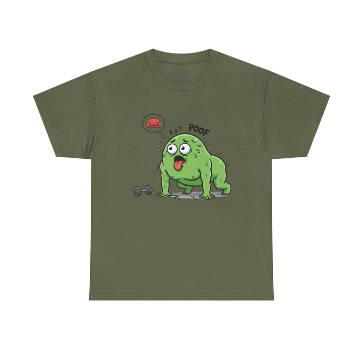 Olive green t-shirt by S&amp;W Gallus featuring a humorous illustration of a tired, sweaty blob and gym weights.