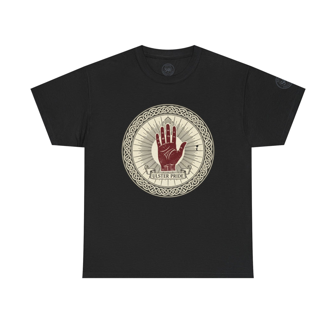 Black t-shirt by S&amp;W Gallus featuring Ulster Pride hand graphic in a circle, presented on a white background.