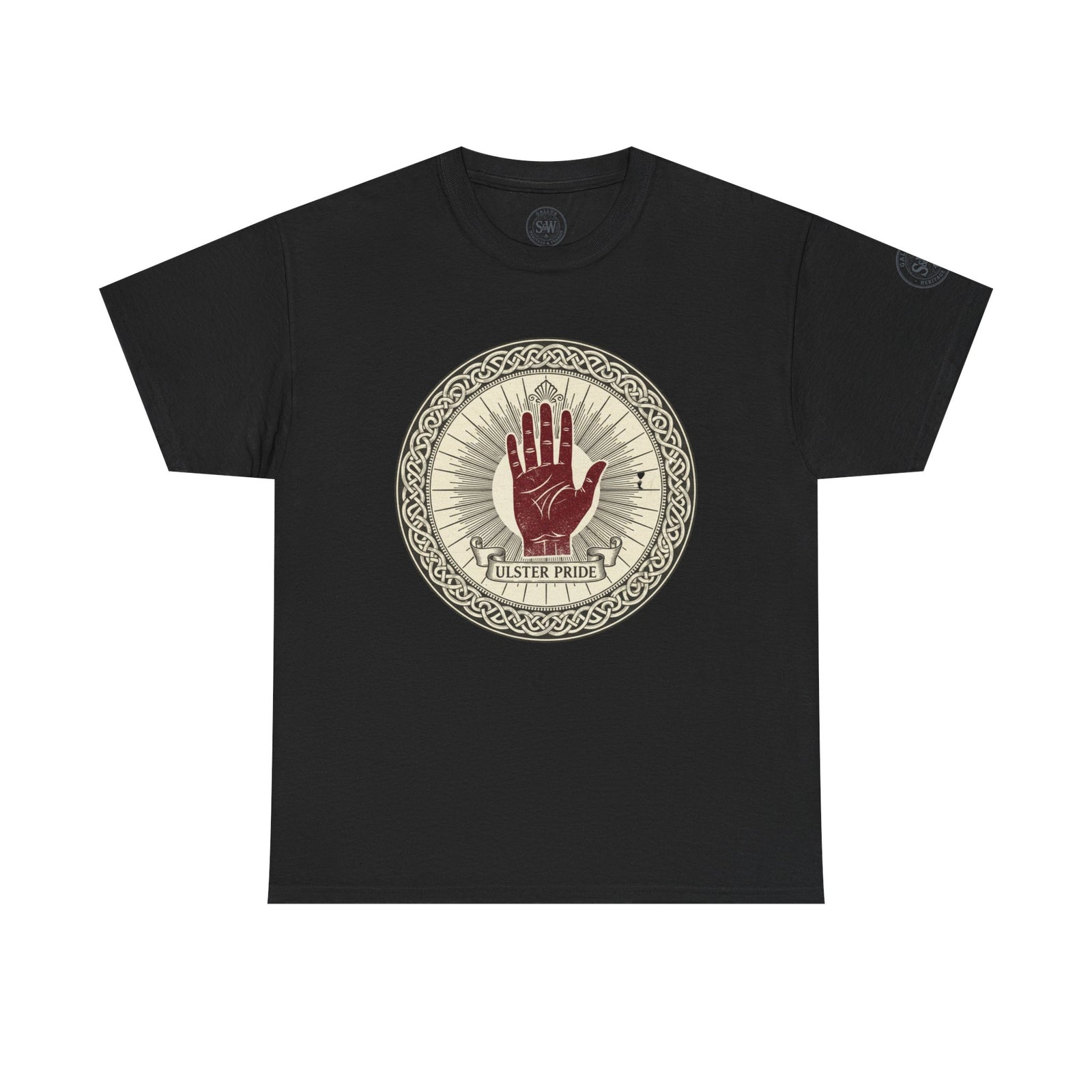 Black t-shirt by S&W Gallus featuring Ulster Pride hand graphic in a circle, presented on a white background.
