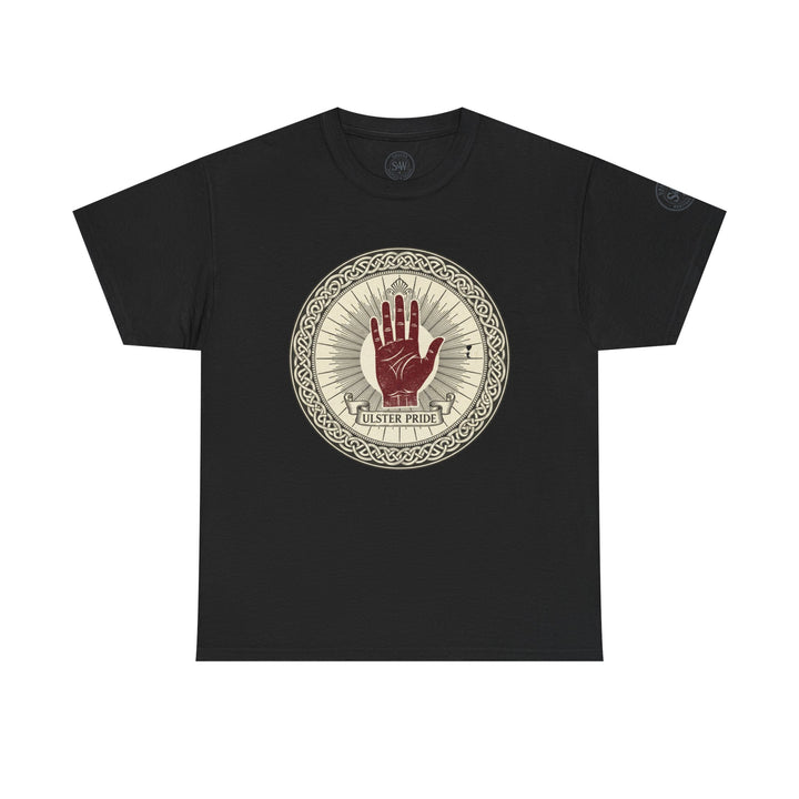 Black t-shirt by S&amp;W Gallus featuring Ulster Pride hand graphic in a circle, presented on a white background.