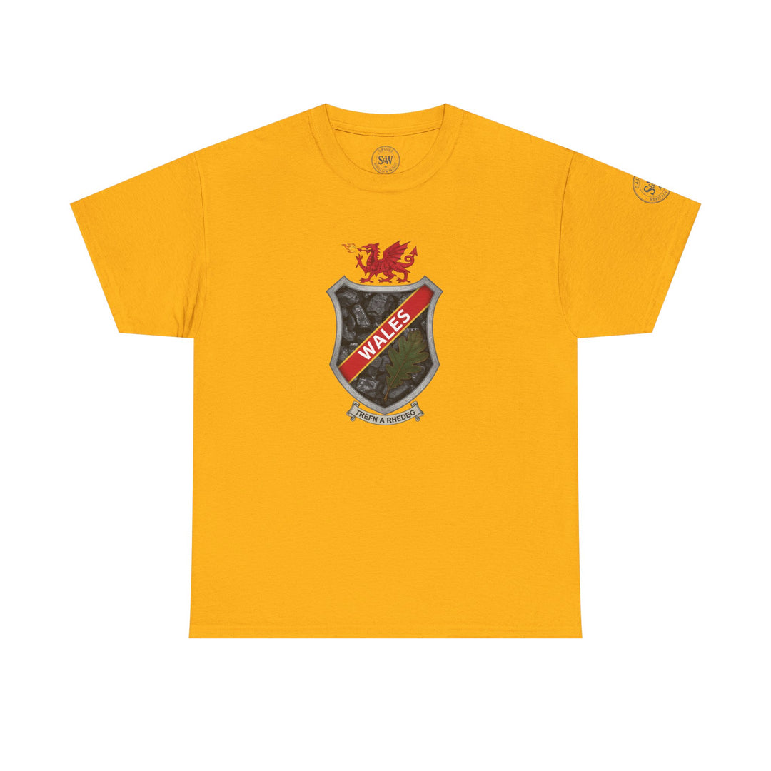 Mustard yellow t-shirt by S&amp;W Gallus featuring a Welsh shield crest graphic on the chest.