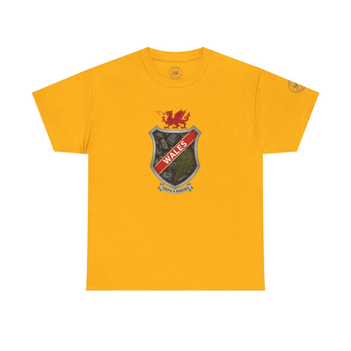 Mustard yellow t-shirt by S&amp;W Gallus featuring a Welsh shield crest graphic on the chest.