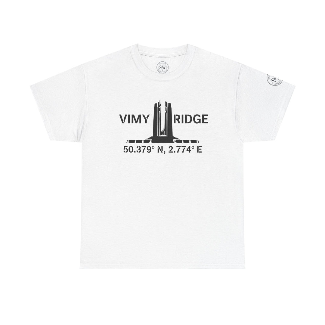 White graphic T-shirt by S&amp;W Gallus featuring Vimy Ridge monument with coordinates.