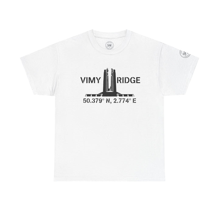 White graphic T-shirt by S&amp;W Gallus featuring Vimy Ridge monument with coordinates.