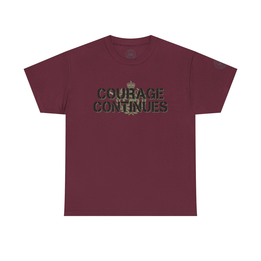 Maroon Courage Continues PTSD tee by S&amp;W Gallus, featuring military camouflage text and logo details.