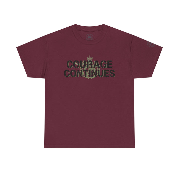 Maroon Courage Continues PTSD tee by S&amp;W Gallus, featuring military camouflage text and logo details.