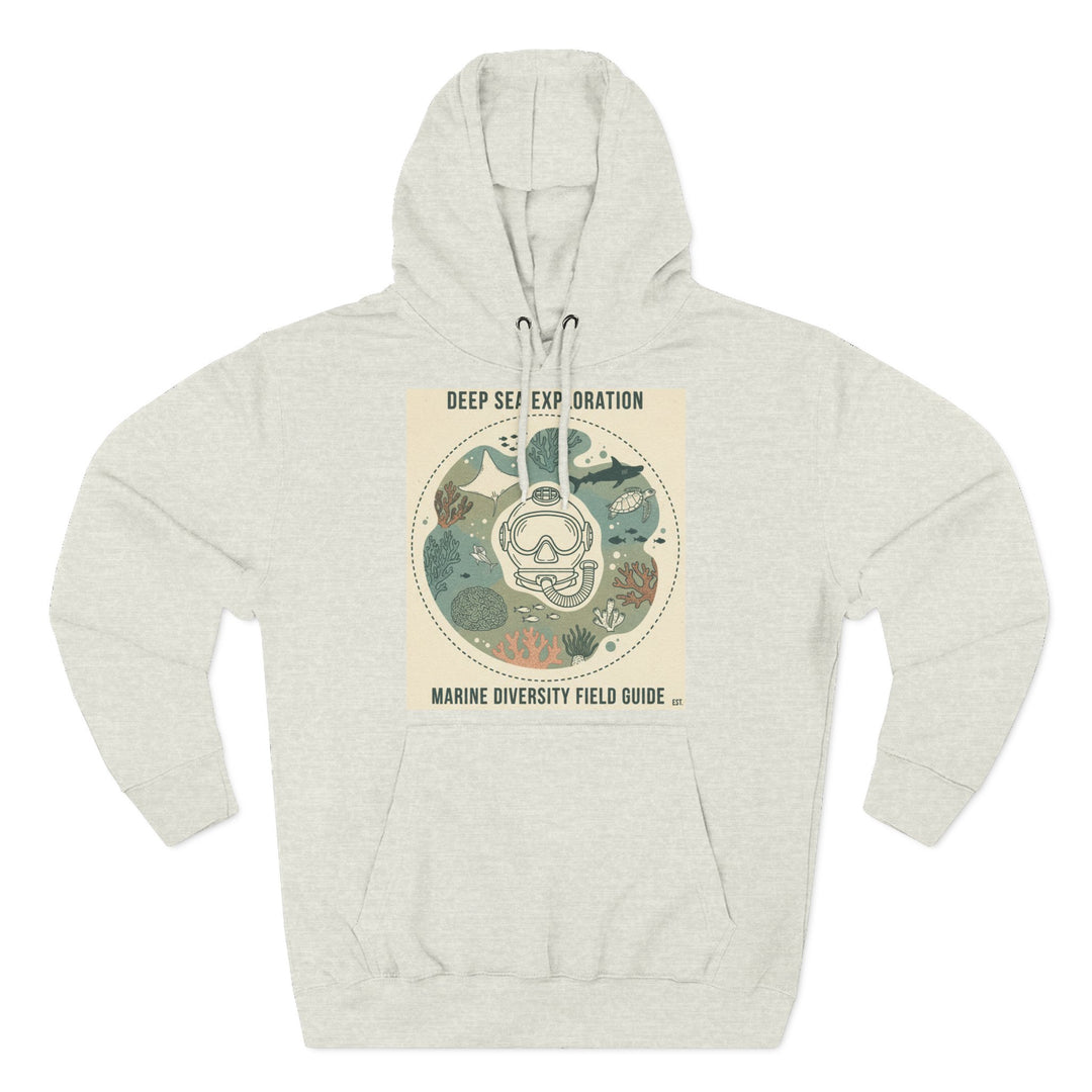Heather-gray hoodie by S&amp;W Gallus, featuring a "Deep Sea Exploration" graphic with a diving helmet and marine life.