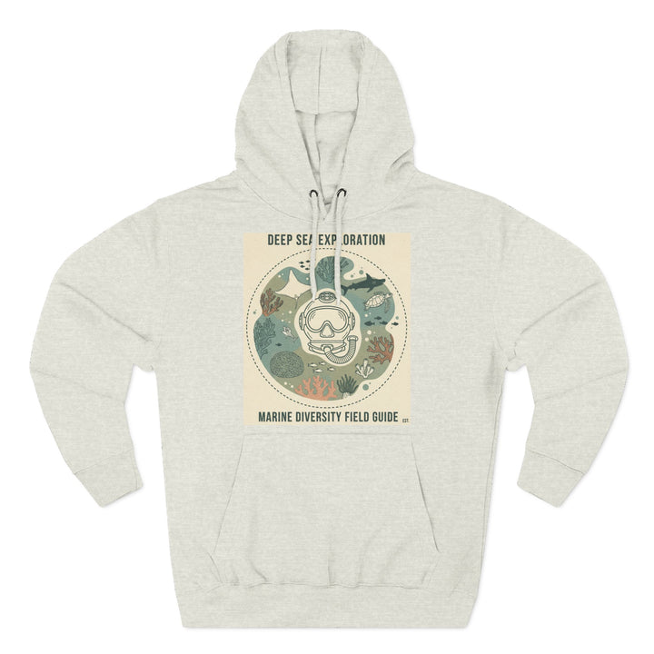 Heather-gray hoodie by S&amp;W Gallus, featuring a "Deep Sea Exploration" graphic with a diving helmet and marine life.