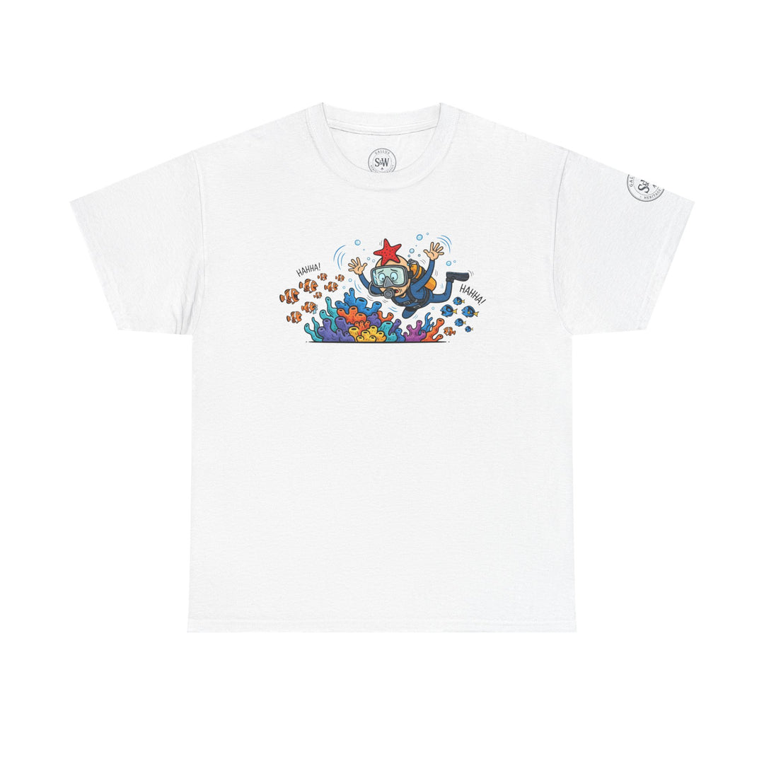 White t-shirt by S&amp;W Gallus featuring a diver with coral reef illustration.