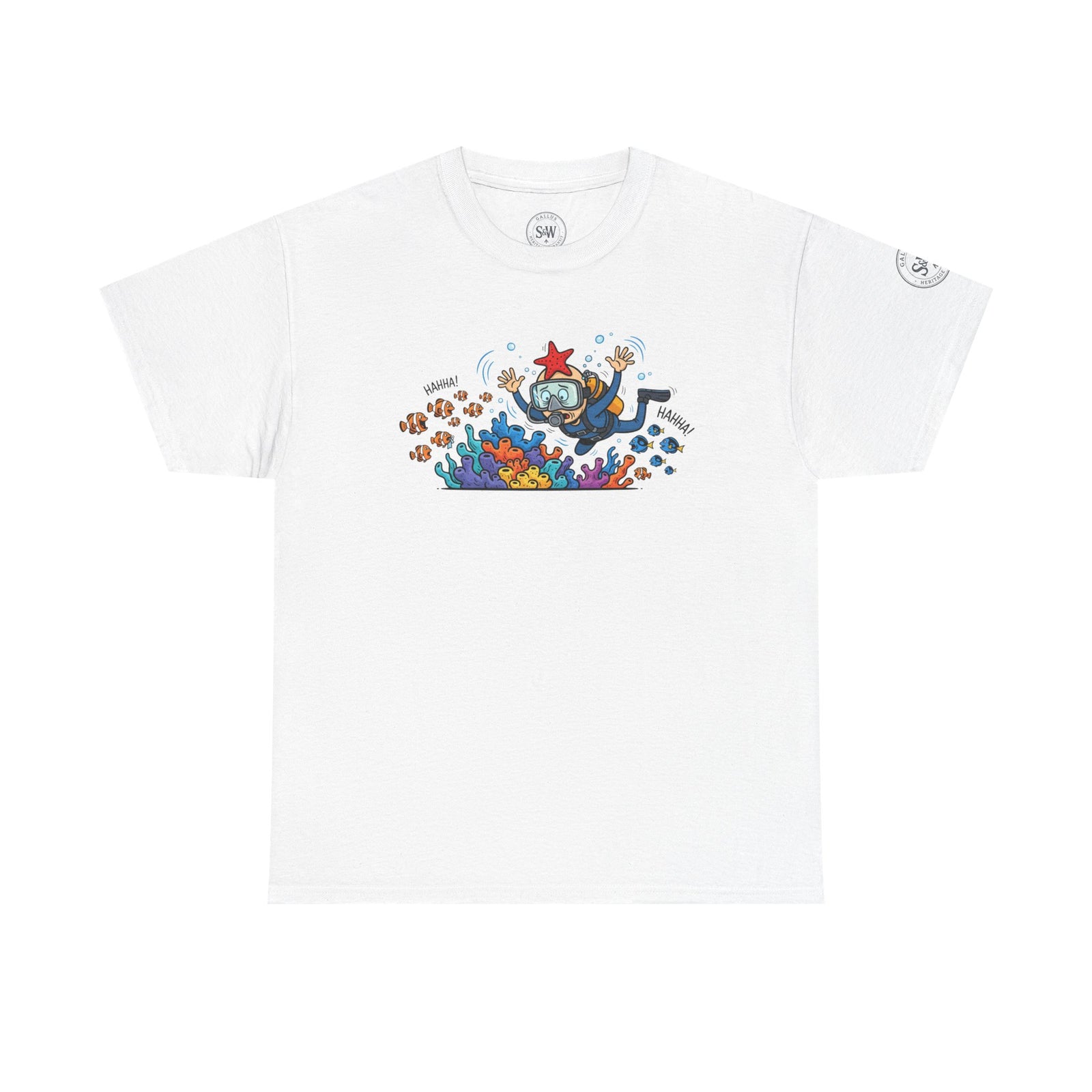 White t-shirt by S&W Gallus featuring a diver with coral reef illustration.