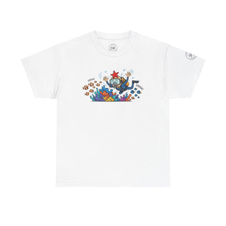 White t-shirt by S&amp;W Gallus featuring a diver with coral reef illustration.