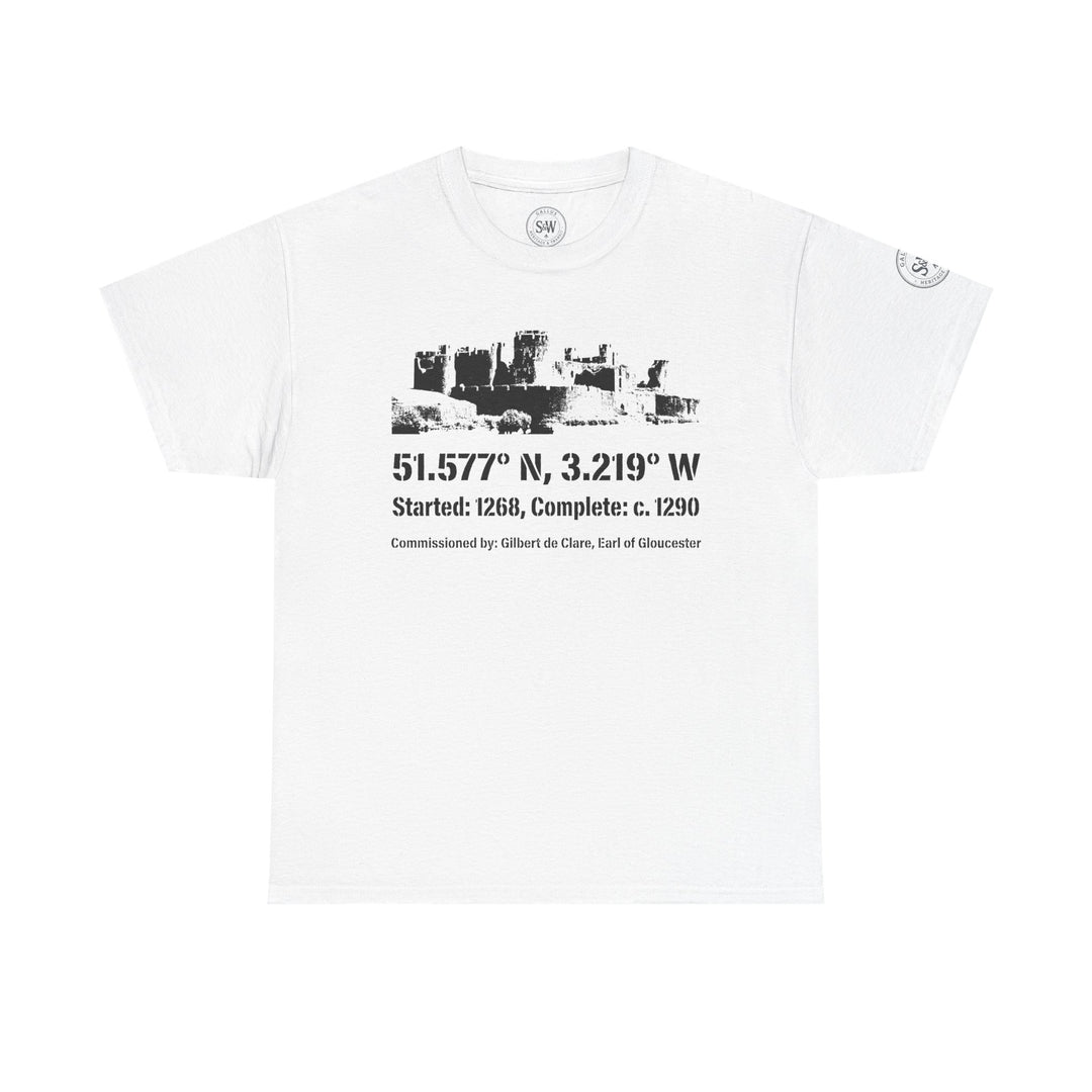 White Caerphilly Castle T-shirt by S&amp;W Gallus, featuring a historical landmark and coordinate details.