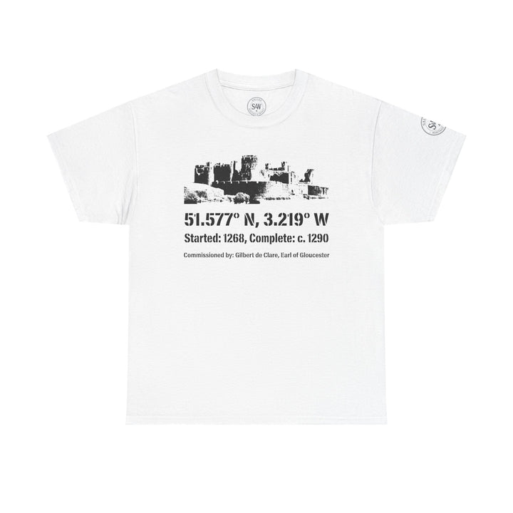 White Caerphilly Castle T-shirt by S&amp;W Gallus, featuring a historical landmark and coordinate details.