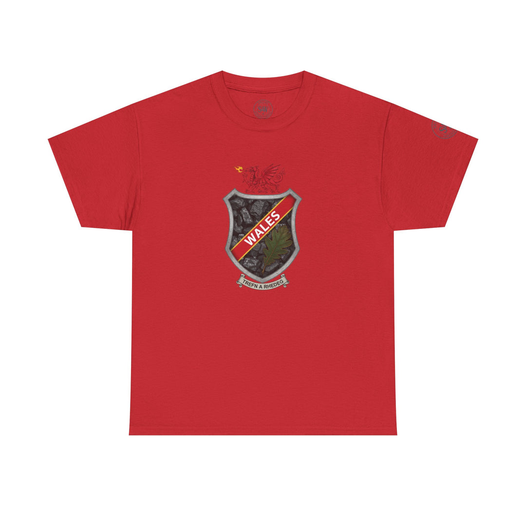 Red Wales Shield Crest T-shirt by S&amp;W Gallus with a coal background and oak leaf emblem.