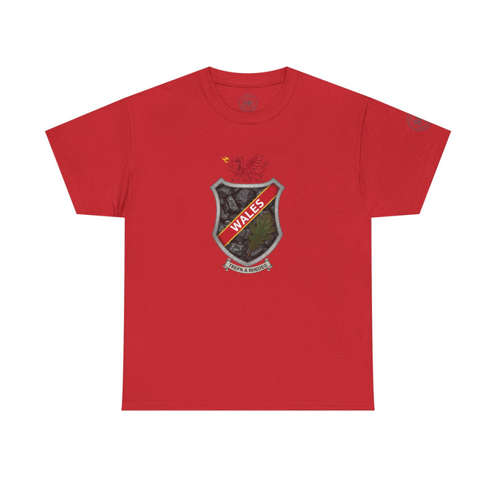 Red Wales Shield Crest T-shirt by S&amp;W Gallus with a coal background and oak leaf emblem.