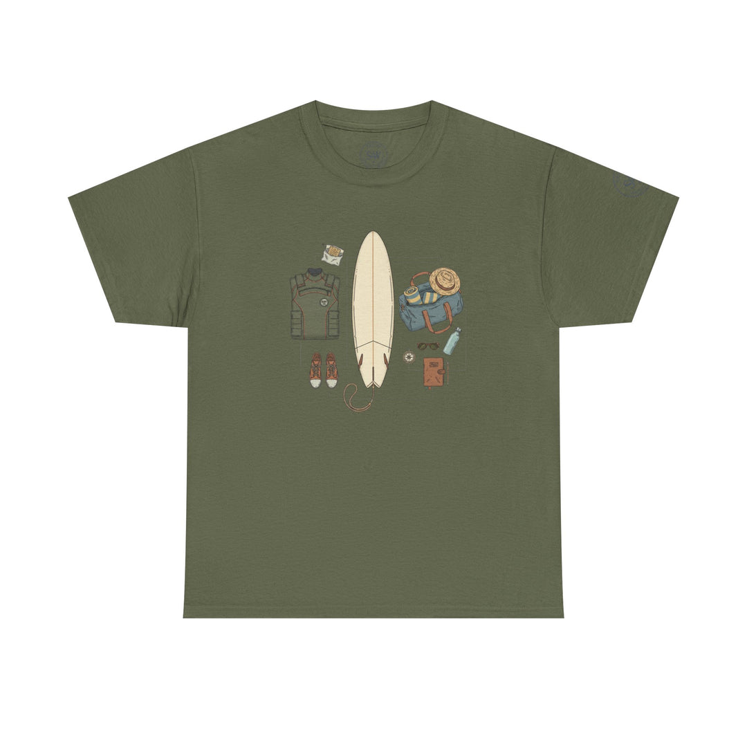 Olive green t-shirt by S&amp;W Gallus, featuring a printed surf trip gear graphic.