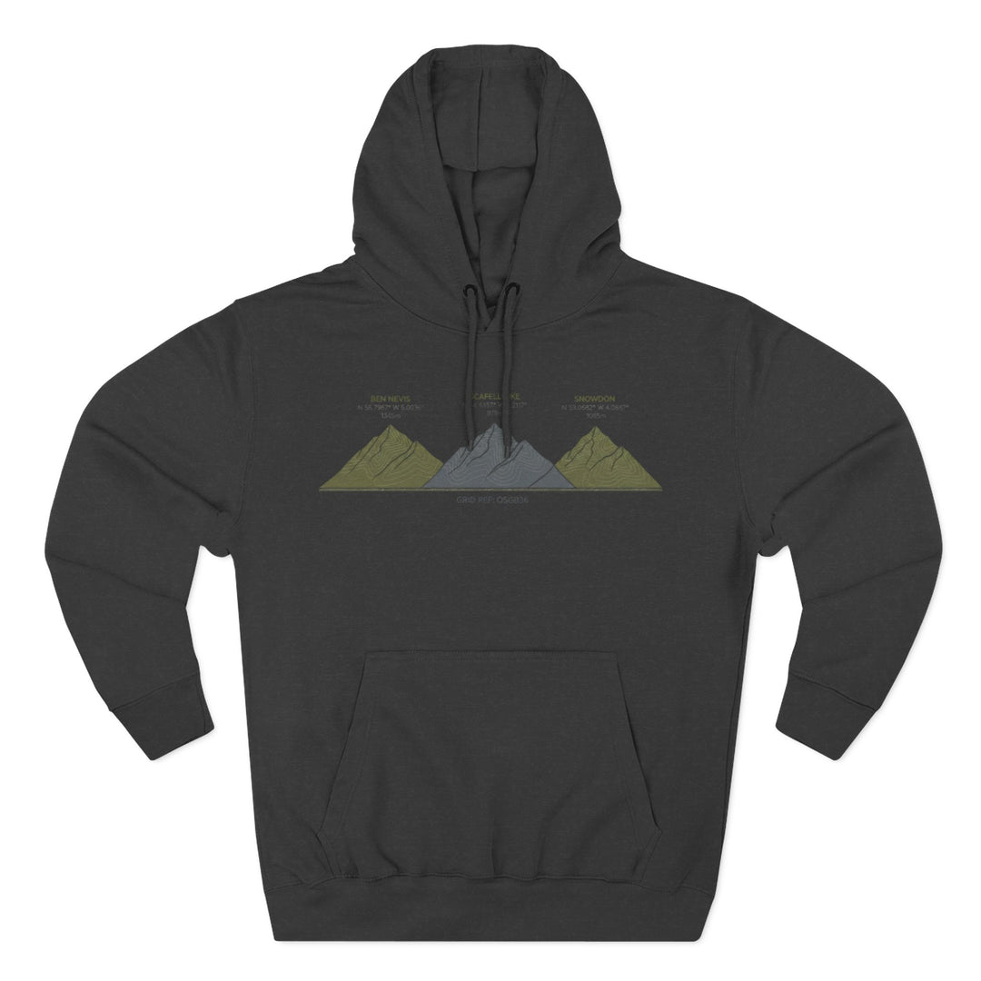 Three Peaks Challenge Graphic Hoodie — Retro UK Mountain Heritage Pullover