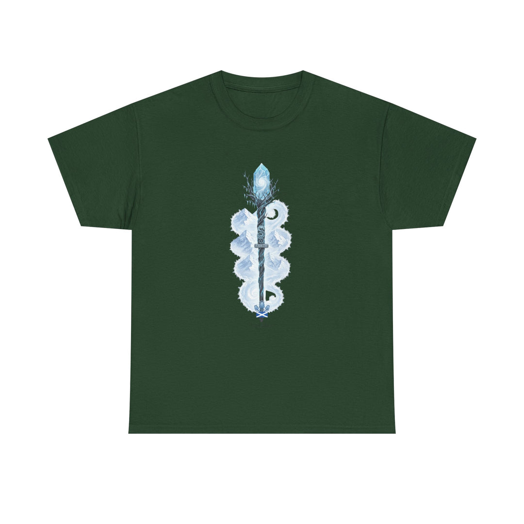 Forest green t-shirt by S&amp;W Gallus, featuring a Cailleach staff graphic on the front.