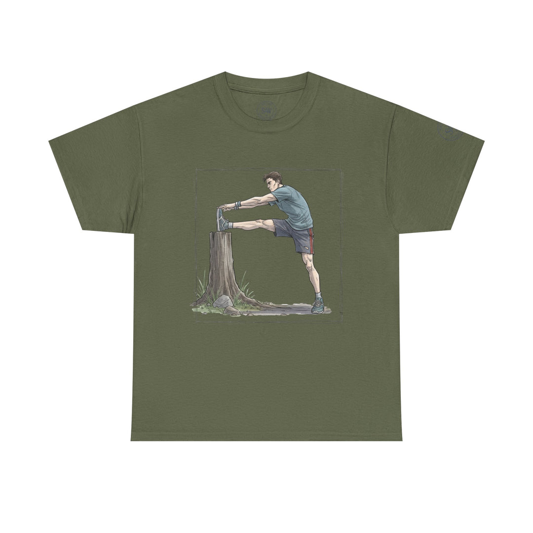 Olive green t-shirt by S&amp;W Gallus featuring an illustration of a runner stretching against a tree stump.

