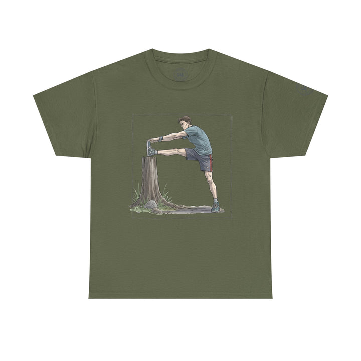 Olive green t-shirt by S&amp;W Gallus featuring an illustration of a runner stretching against a tree stump.
