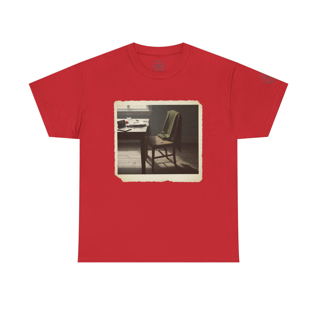 Red t-shirt by S&amp;W Gallus featuring an image of a chair and dining table printed on the front.