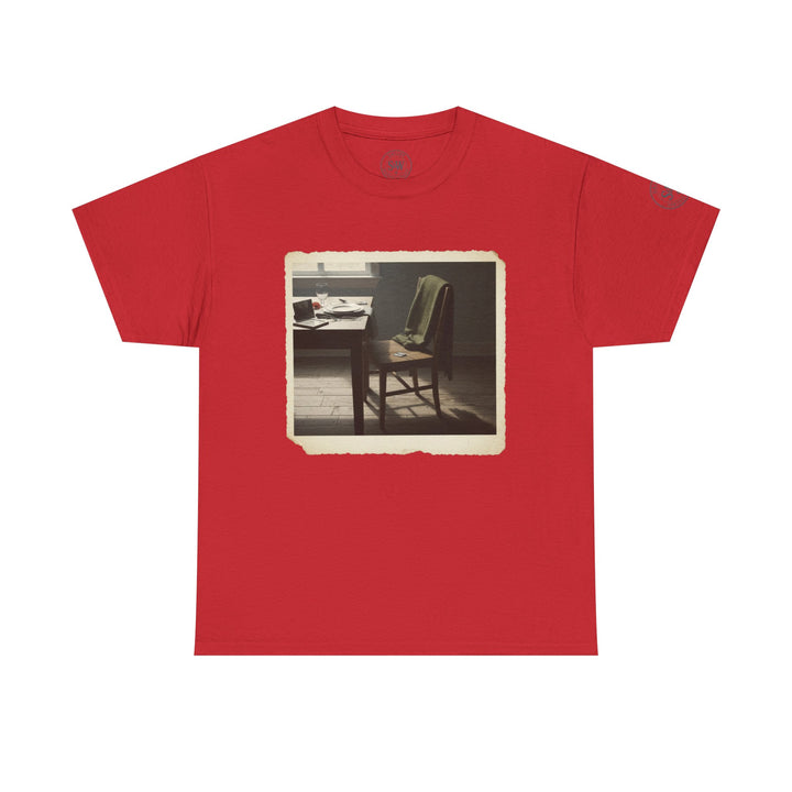 Red t-shirt by S&amp;W Gallus featuring an image of a chair and dining table printed on the front.