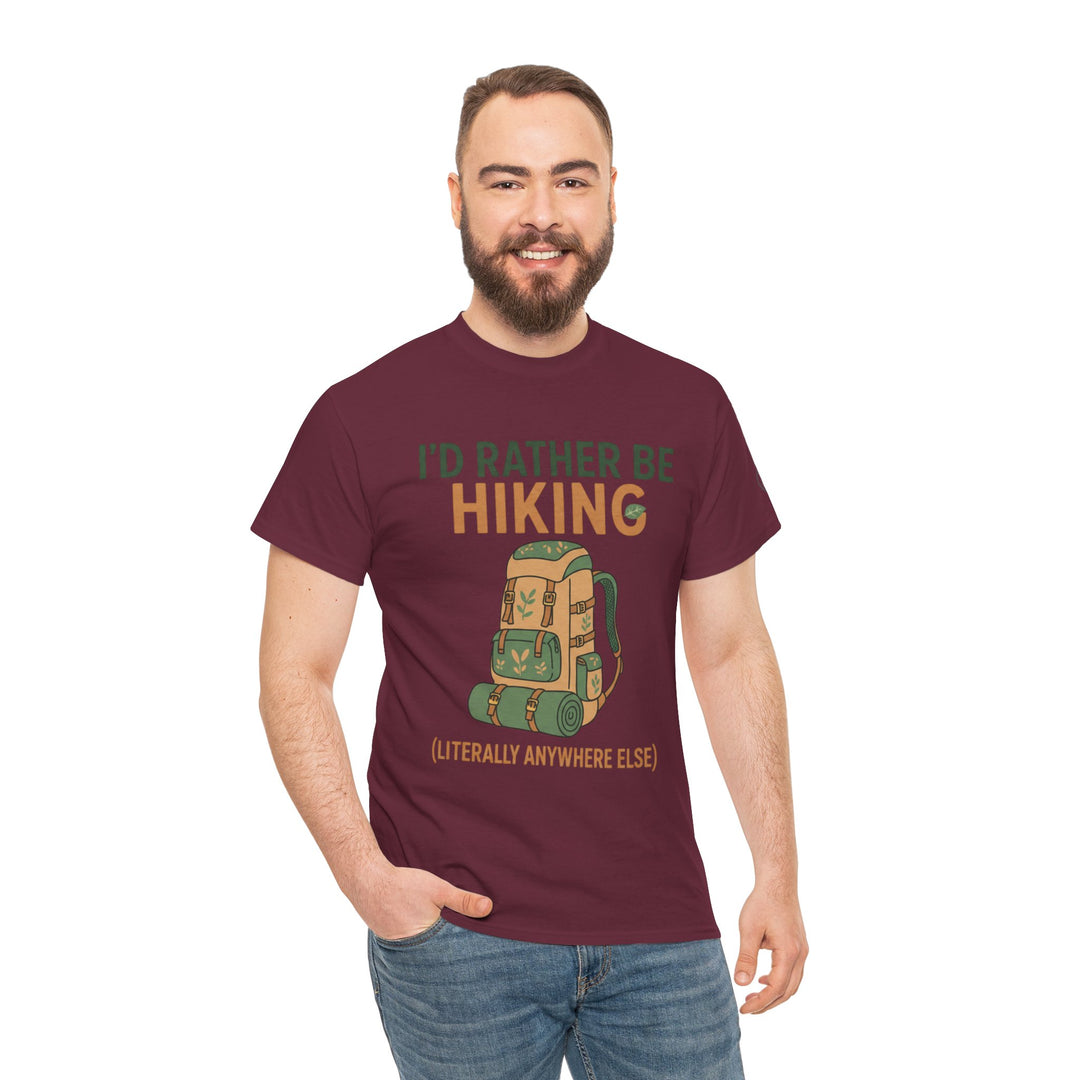 Maroon T-shirt by S&amp;W Gallus, featuring a hiking backpack graphic and the phrase "I&