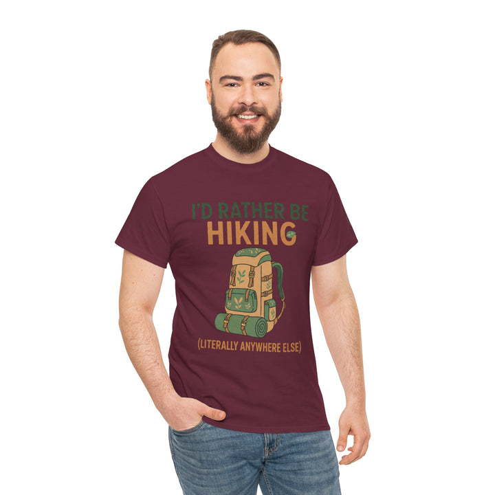 Maroon T-shirt by S&amp;W Gallus, featuring a hiking backpack graphic and the phrase "I&