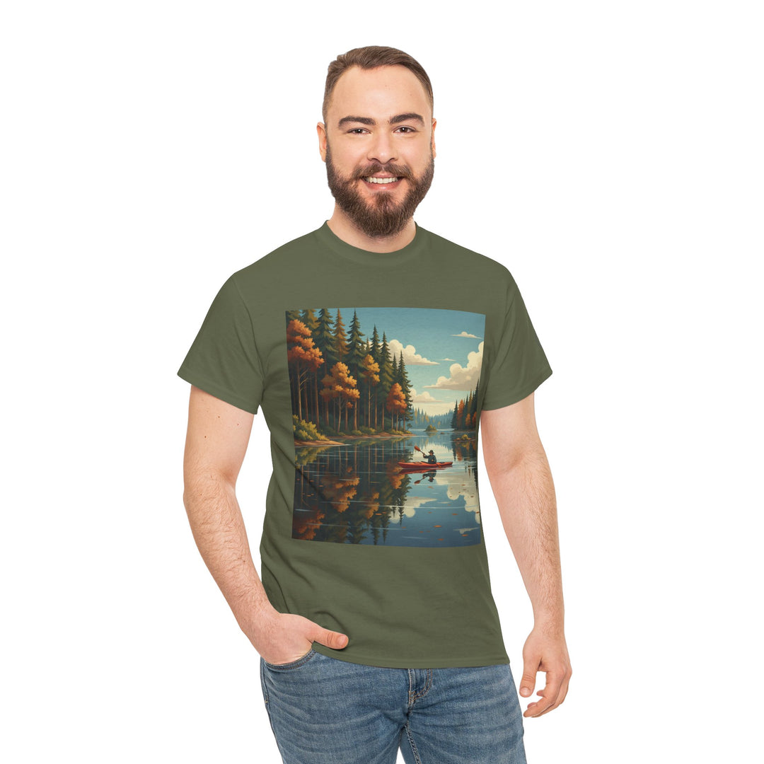 Olive green T-shirt with a canoe lake graphic by S&amp;W Gallus, worn with blue jeans.
