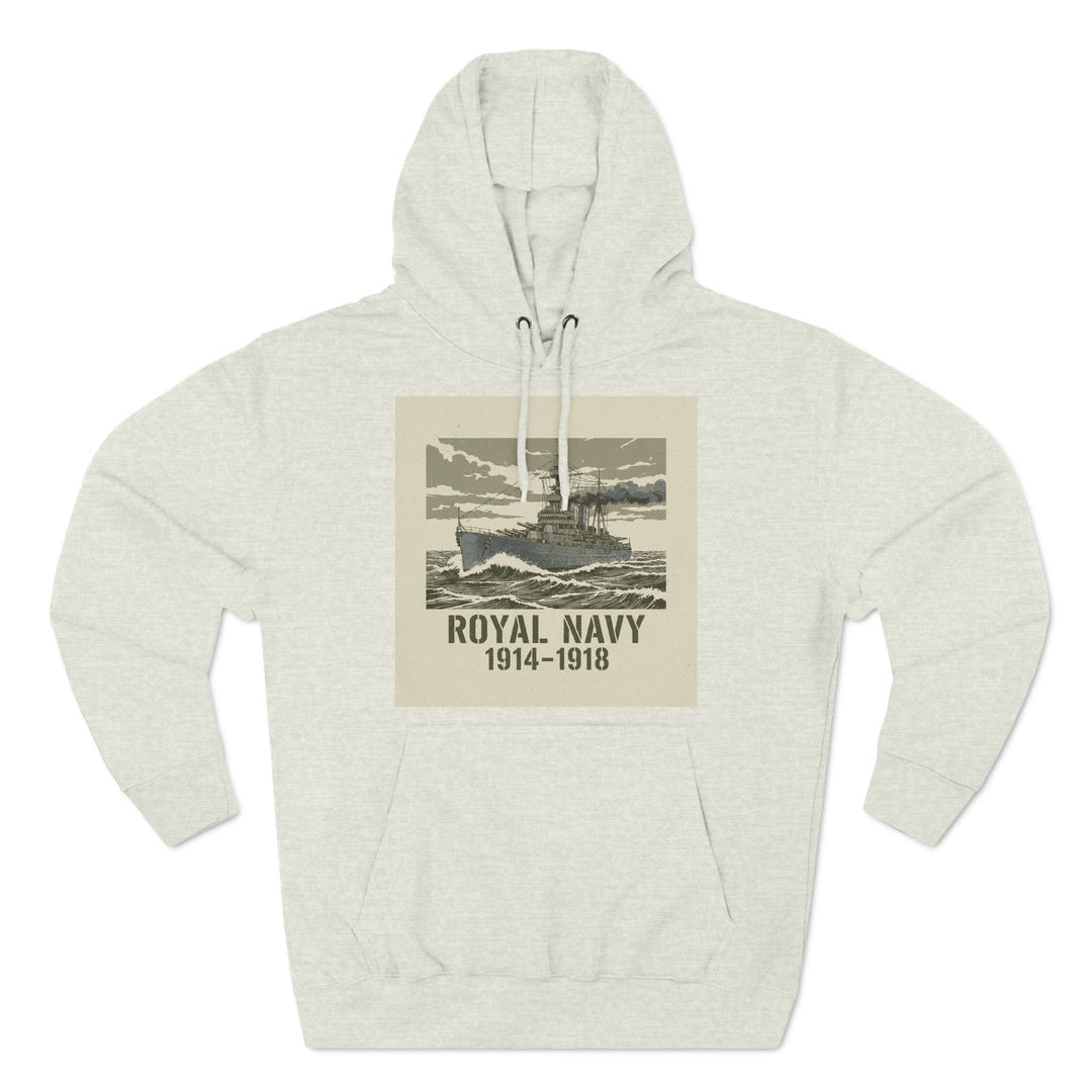 Heather oatmeal hoodie by S&amp;W Gallus featuring a vintage-style Royal Navy ship graphic on the chest.