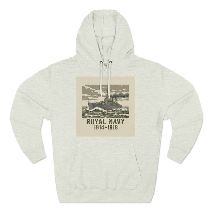 Heather oatmeal hoodie by S&amp;W Gallus featuring a vintage-style Royal Navy ship graphic on the chest.