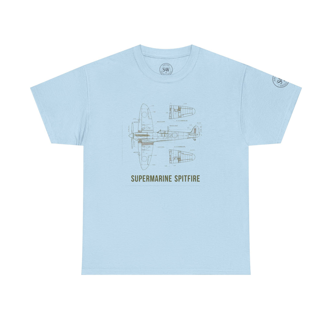 Light blue T-shirt by S&amp;W Gallus, featuring a Supermarine Spitfire blueprint schematic on the chest.
