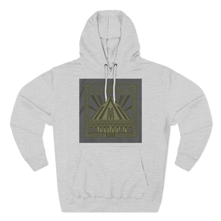 Gray hoodie by S&amp;W Gallus with a square design featuring a mountain, Zulu shield emblem, and Zulu warriors.