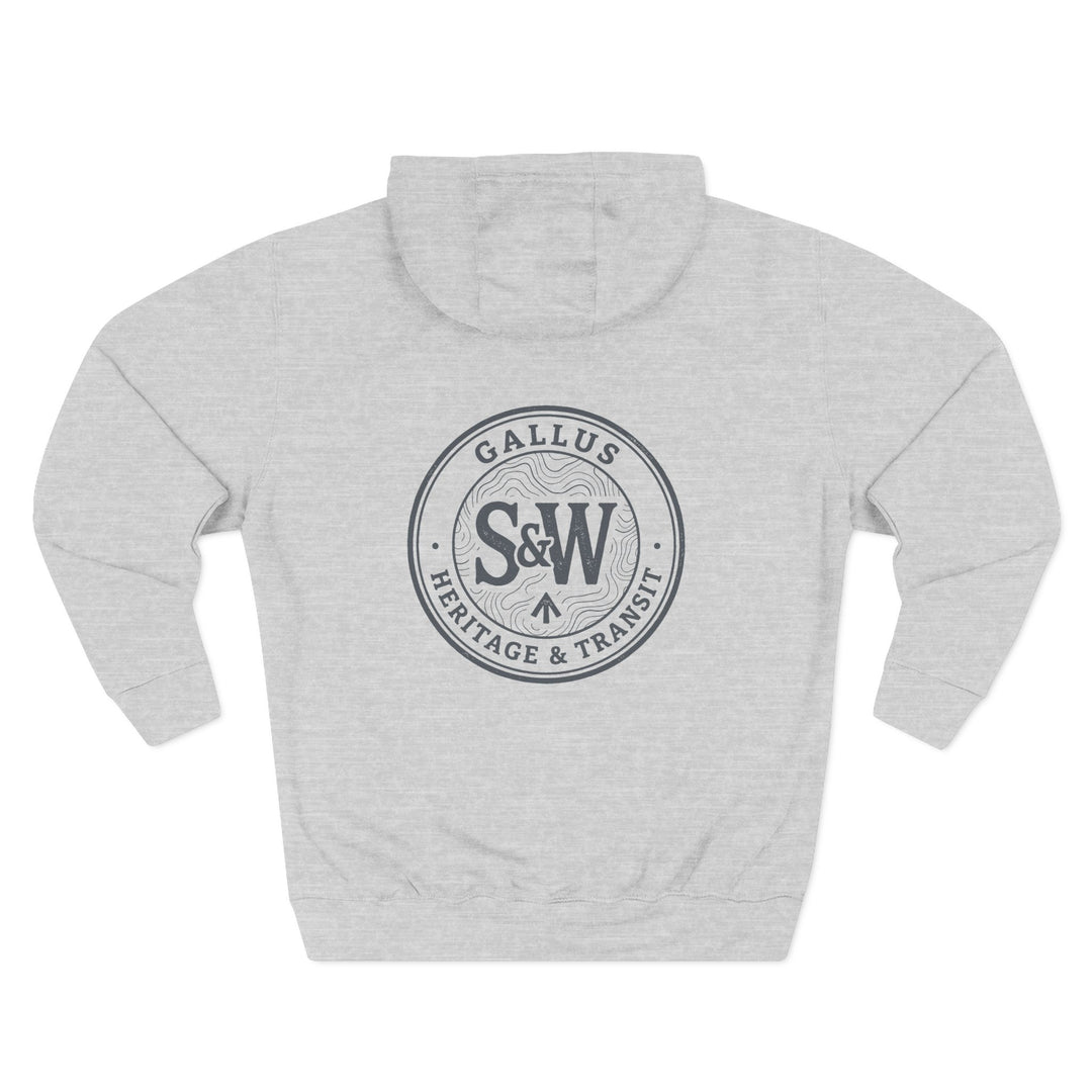 Heather-grey fleece hoodie by S&amp;W Gallus, displaying a circular emblem on the back with brand initials and an arrow motif.
