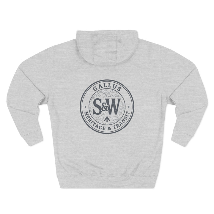 Heather-grey fleece hoodie by S&amp;W Gallus, displaying a circular emblem on the back with brand initials and an arrow motif.