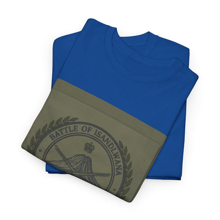 Isandlwana vintage military emblem crewneck T-shirt. Heritage graphic design inspired by historic battlefield legacy.