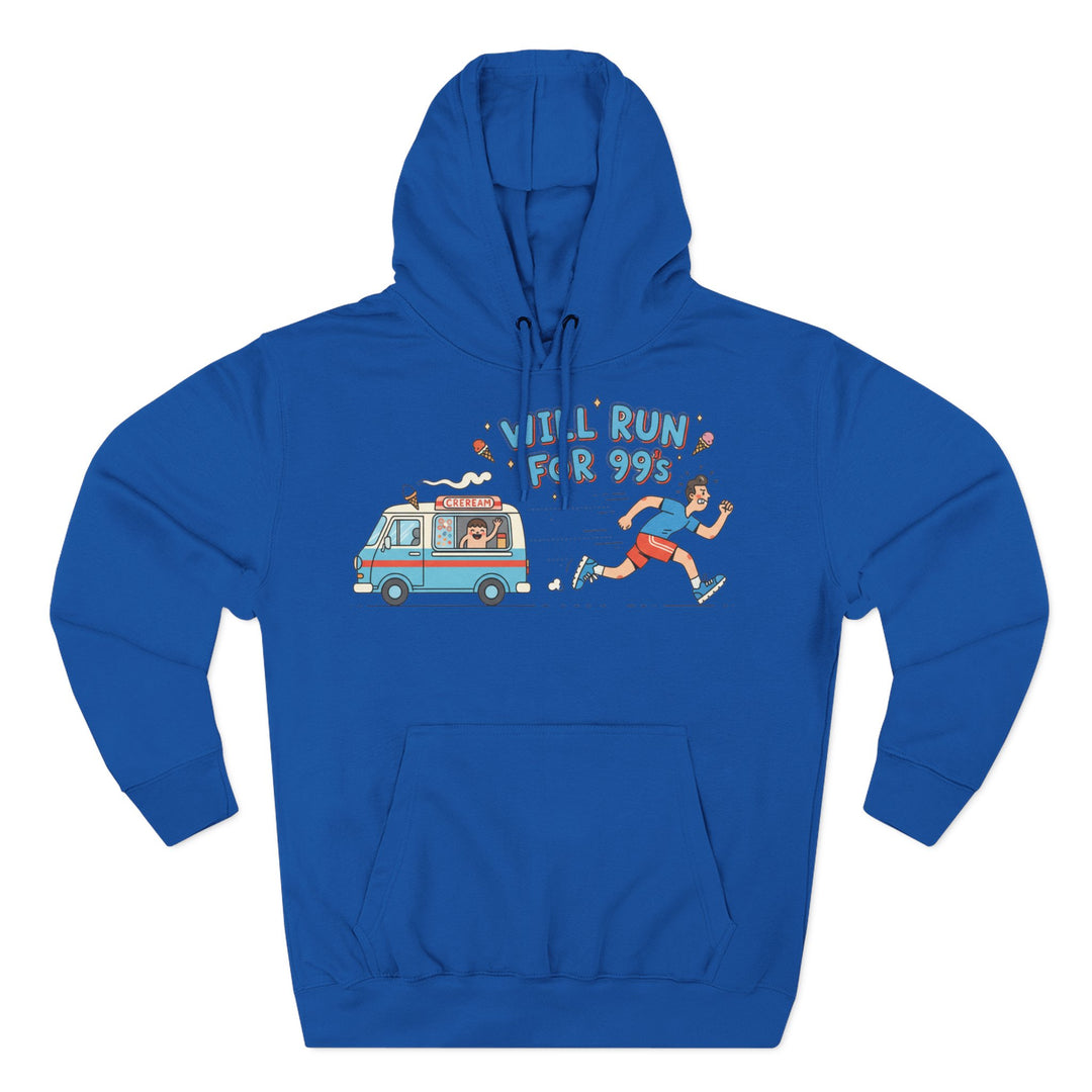 Blue hoodie by S&amp;W Gallus featuring a cartoon ice cream truck and runner graphic on the front.