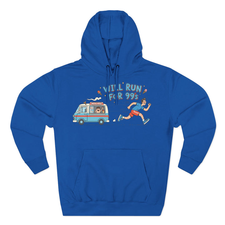 Blue hoodie by S&amp;W Gallus featuring a cartoon ice cream truck and runner graphic on the front.