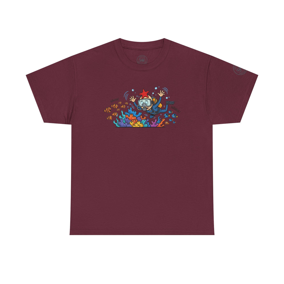 Burgundy t-shirt by S&amp;W Gallus, featuring a cartoon graphic of a diver and coral reef.