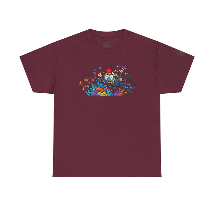 Burgundy t-shirt by S&amp;W Gallus, featuring a cartoon graphic of a diver and coral reef.