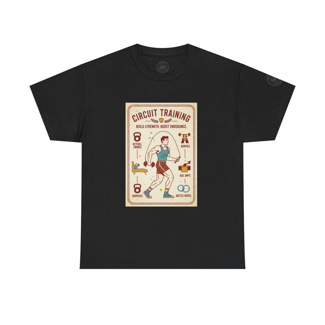 Black T-shirt by S&amp;W Gallus featuring a circuit training graphic on the chest, presented on a white background.
