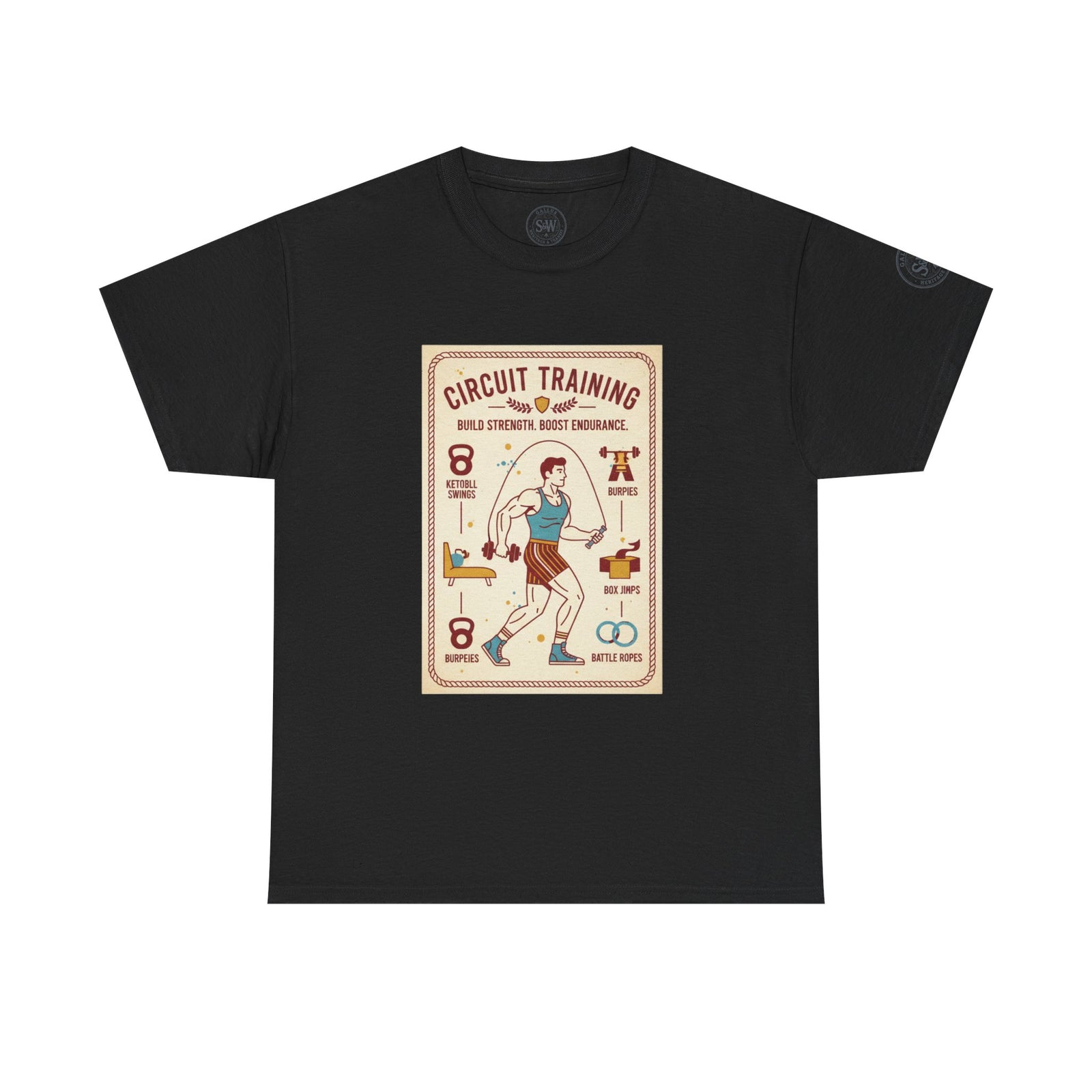 Black T-shirt by S&W Gallus featuring a circuit training graphic on the chest, presented on a white background.
