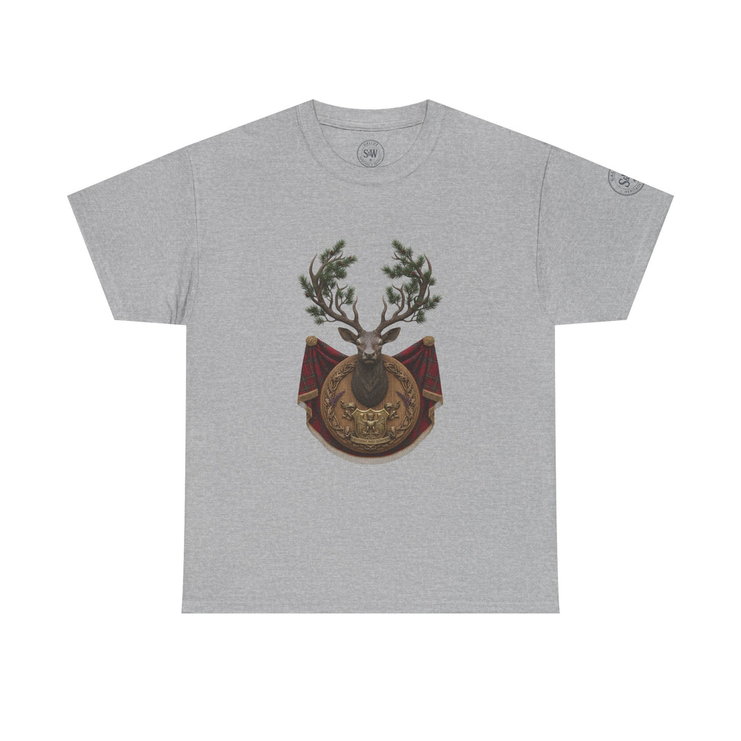 Heather grey t-shirt by S&amp;W Gallus, featuring a stag crest with pine branches and a tartan banner.