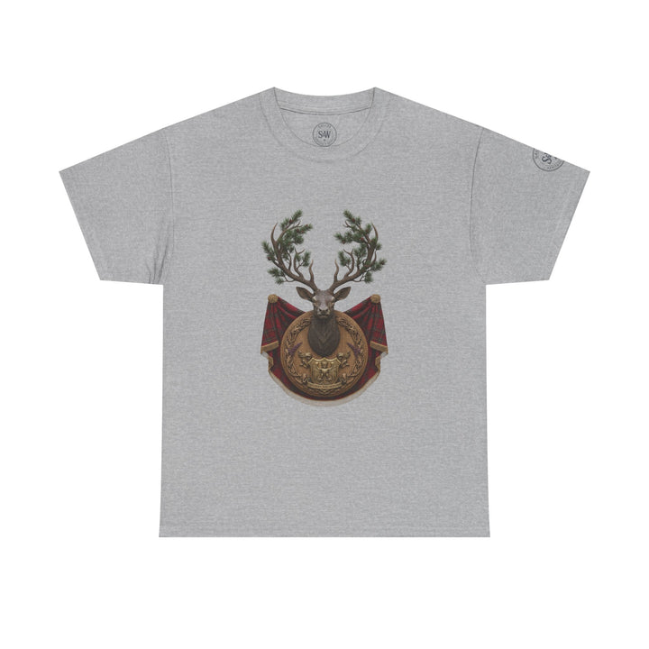 Heather grey t-shirt by S&amp;W Gallus, featuring a stag crest with pine branches and a tartan banner.