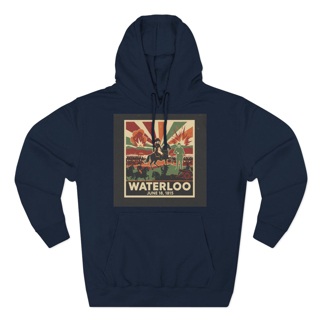 Navy hoodie by S&amp;W Gallus featuring a vintage Waterloo poster graphic on the front.