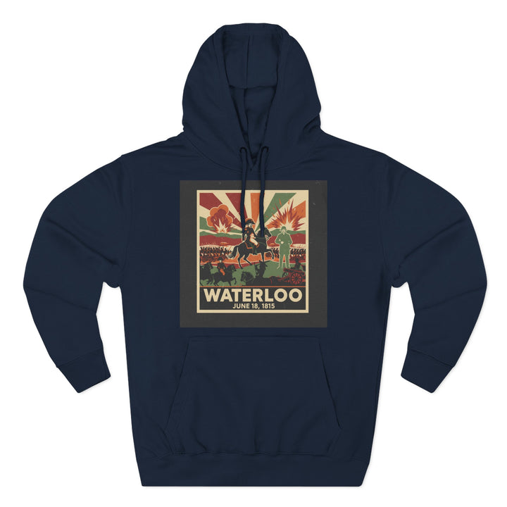 Navy hoodie by S&amp;W Gallus featuring a vintage Waterloo poster graphic on the front.