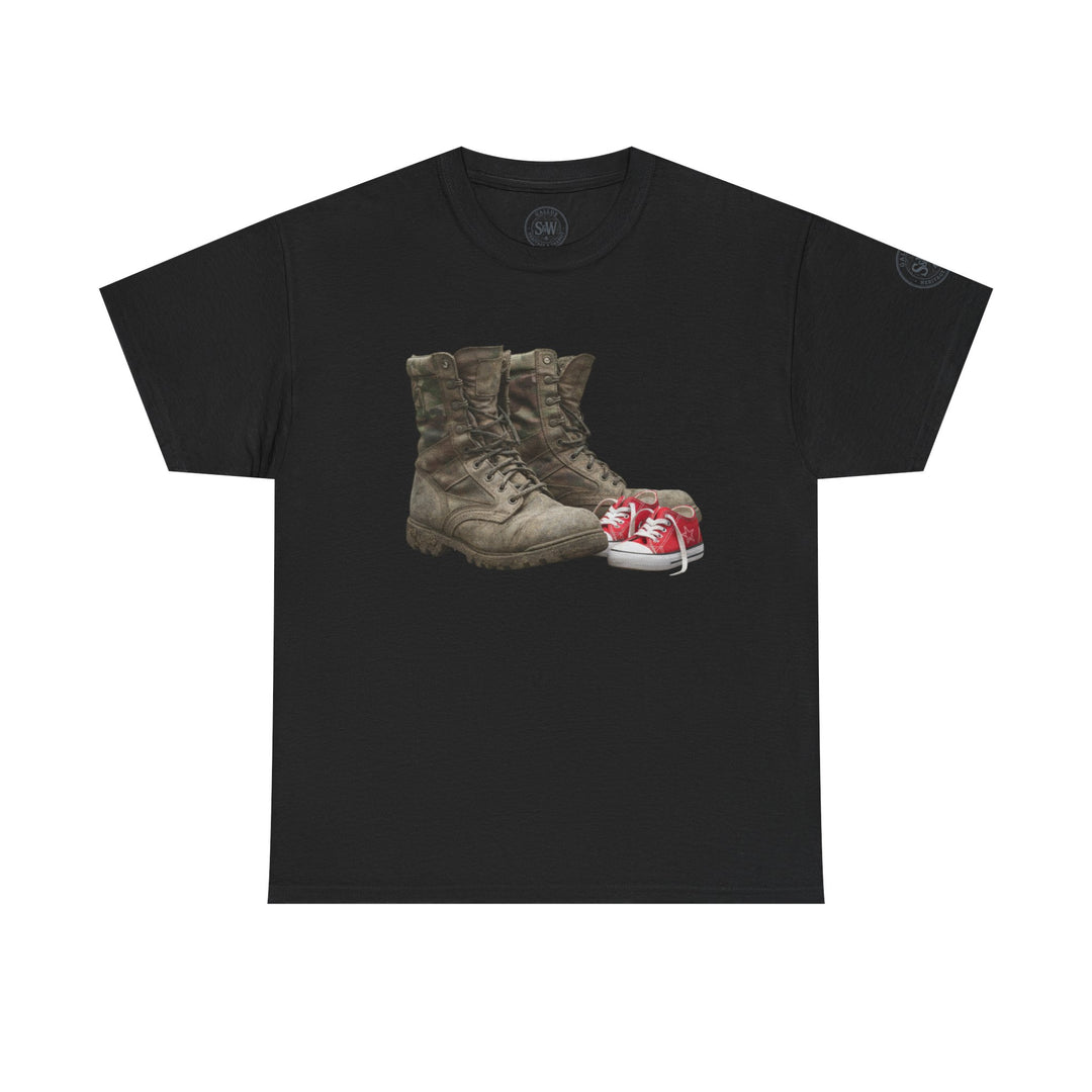 Black t-shirt by S&amp;W Gallus featuring a graphic print of combat boots and red sneakers on the front.