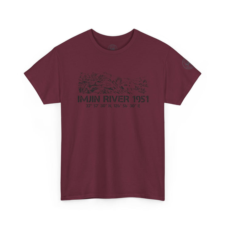 Maroon Imjin River 1951 tee shirt by S&amp;W Gallus, featuring a Korean war graphic print, shown on a white background.

