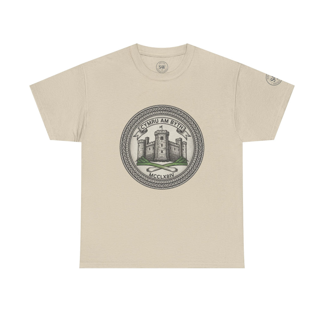 Beige t-shirt by S&amp;W Gallus with a circular emblem featuring a castle, leeks, and Welsh script.